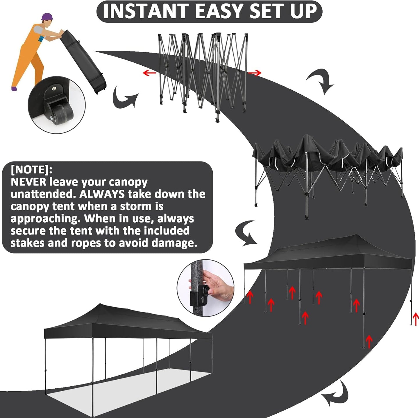 COBIZI 10x30 Pop Up Canopy Without Sidewall,Heavy Duty Canopy UPF 50+ All Season Wind Waterproof Commercial Outdoor Wedding Party Tents for Parties Gazebo with Roller Bag(10 x 30 ft Black)
