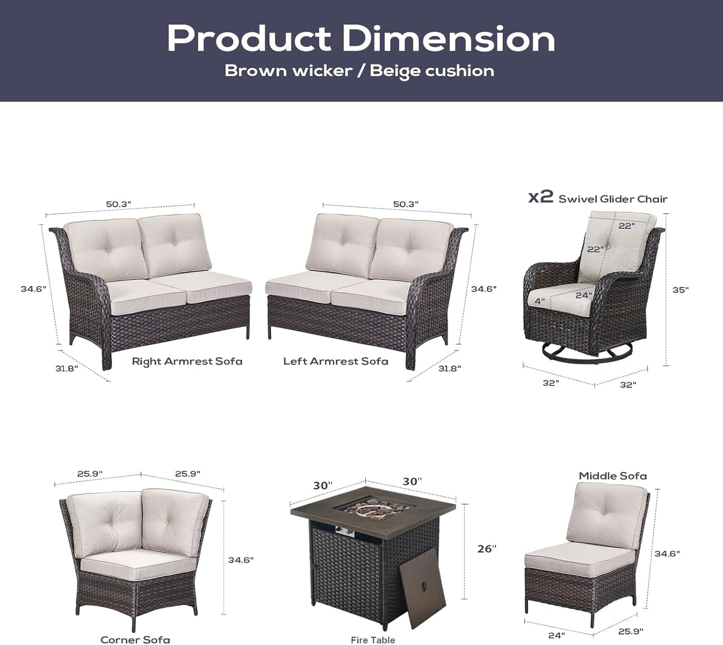 Outdoor Sectional Sofa Furniture Set with 50000BTU Propane Fire Pit Table, Wicker Patio Conversation Set with 2 Swivel Glider Rocker Chairs Beige Cushion Perfect for Backyard Casual Gathering