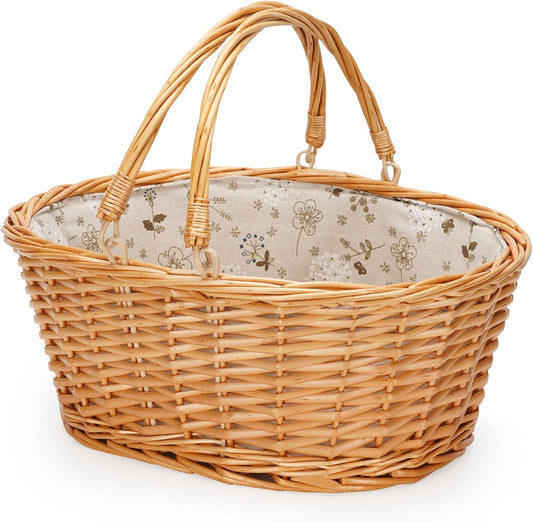 Wicker Picnic Basket with Double Folding Handles, Natural Large Willow Hamper Empty Basket Cheap Easter Eggs Candy Storage Wine Basket for Toy, Flower, Wedding（White 16inch）