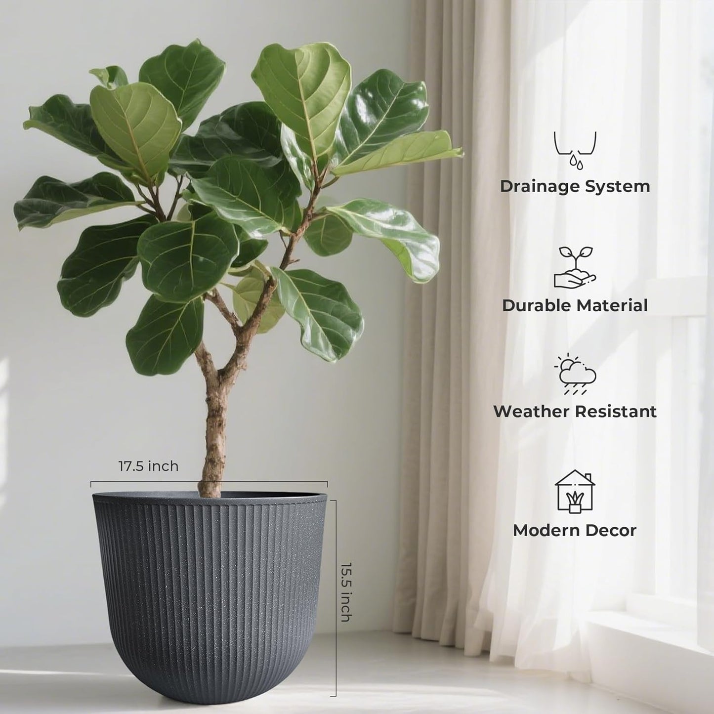 WORTH Garden Round Large Planter Pot 1-Pack - 17.5" Dia x 15.5" H - Durable Plastic Grey Plant Tree Pots with Vertical Stripe Textured Finish, Drainage Hole for Indoor, Outdoor, Front Porch, Patio