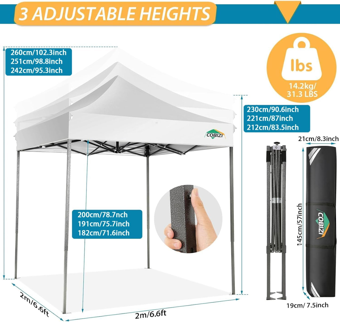 COBIZI 6.6x6.6 Pop Up Canopy Without Sidewall,Heavy Duty Canopy UPF 50+ All Season Wind Waterproof Commercial Outdoor Party Tents for Parties Canopy Gazebo with Storage Bag(6.6 x 6.6 ft White)