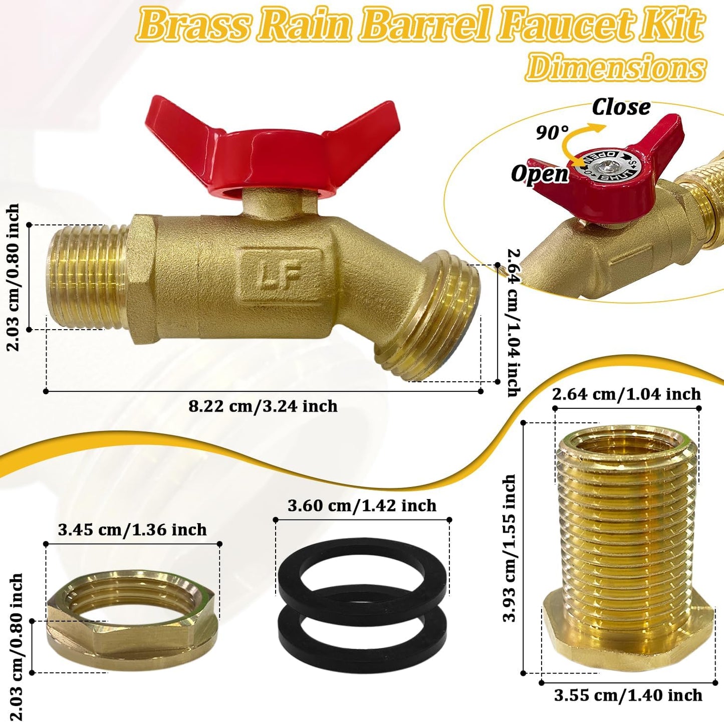 Brass Water Container Rain Barrel Faucets Lead-Free Spigot Kit 3/4" GHT Brass Rain Barrel Quarter Turn Ball Valve Spigot with Bulkhead Fitting Suitable for Garden Hose Thread Connection