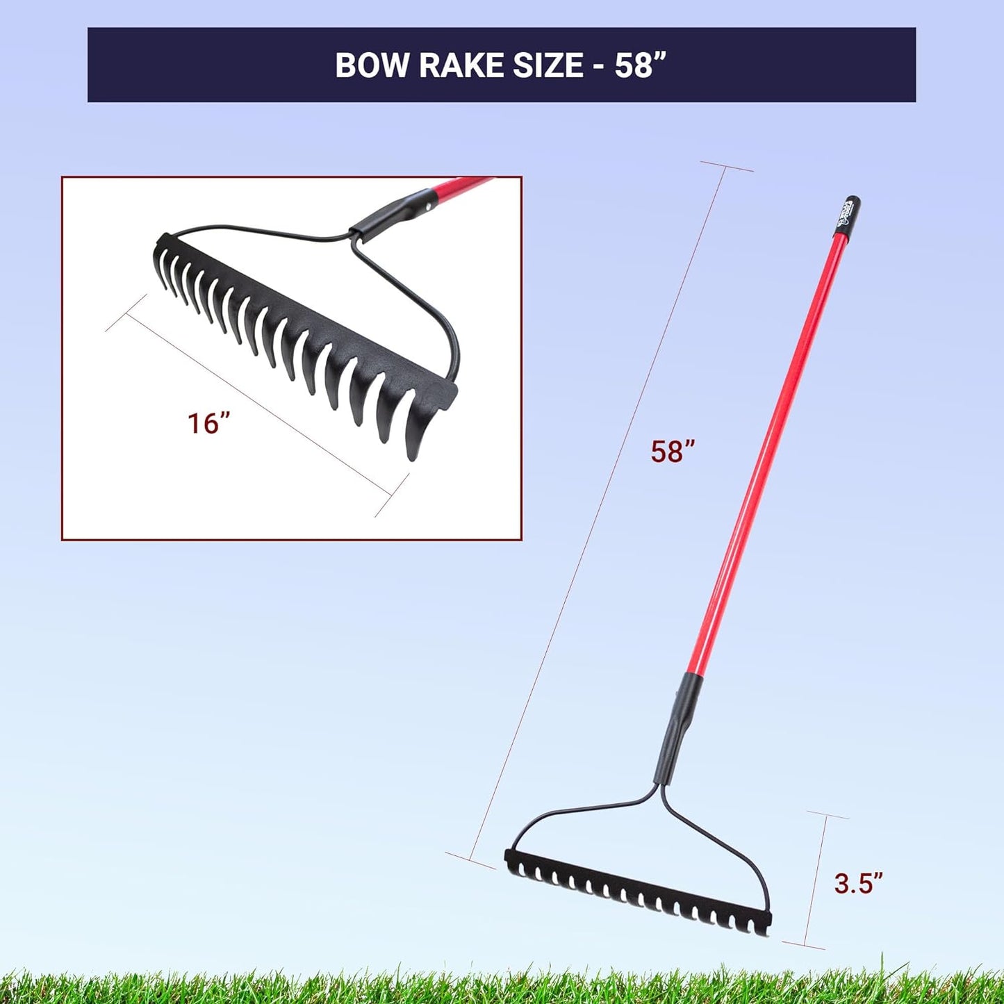 BULLY TOOLS 92309 12-Gauge 16-Inch Bow Rake with Fiberglass Handle and 16 Steel Tines, 58-Inch