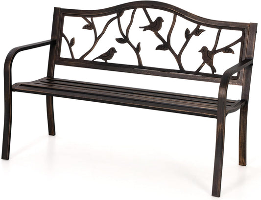 MFSTUDIO 50" Outdoor Garden Bench, Patio Metal Frame Park Bench with Bird Pattern Backrest for Porch, Lawn, Deck(Bronze)