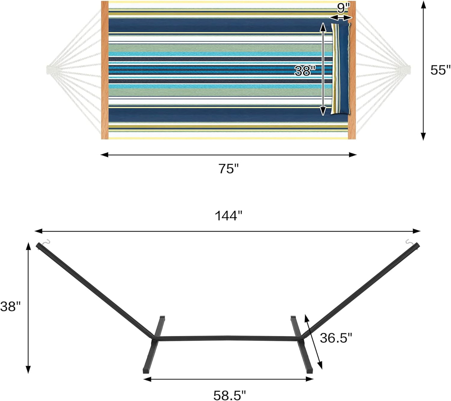 Two Person Hammock with Stand Heavy Duty, Outdoor Patio Hammock with Portable Steel Stand, Large Double Hammocks,480lbs Capacity.(Grey Stripes)