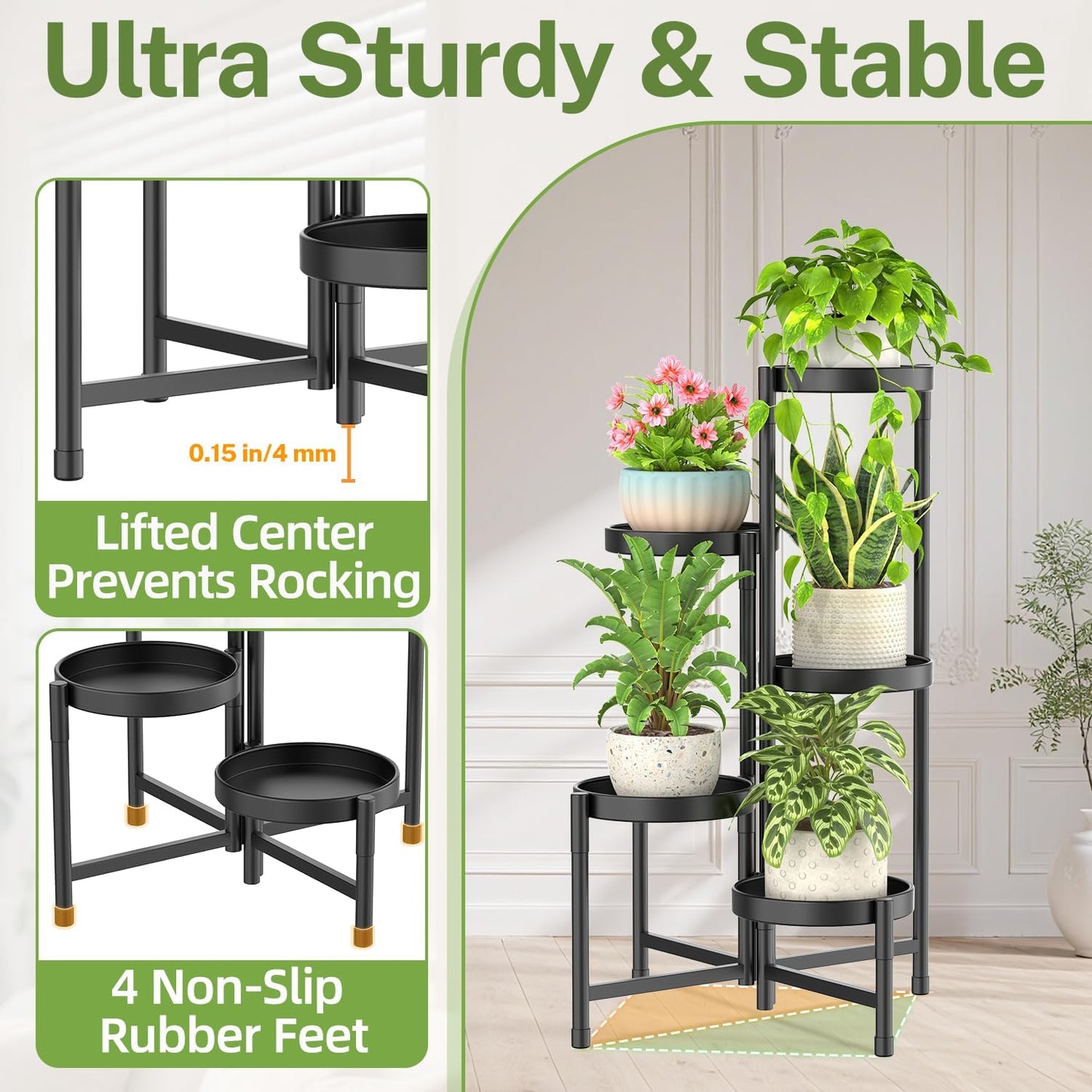 iDavosic.ly Plant Stand Indoor Outdoor, 5 Tier Corner Metal Flower Display Holder Shelf, Folding Tall Orchid Rack for Patio Balcony Porch Garden Living Room House, Black