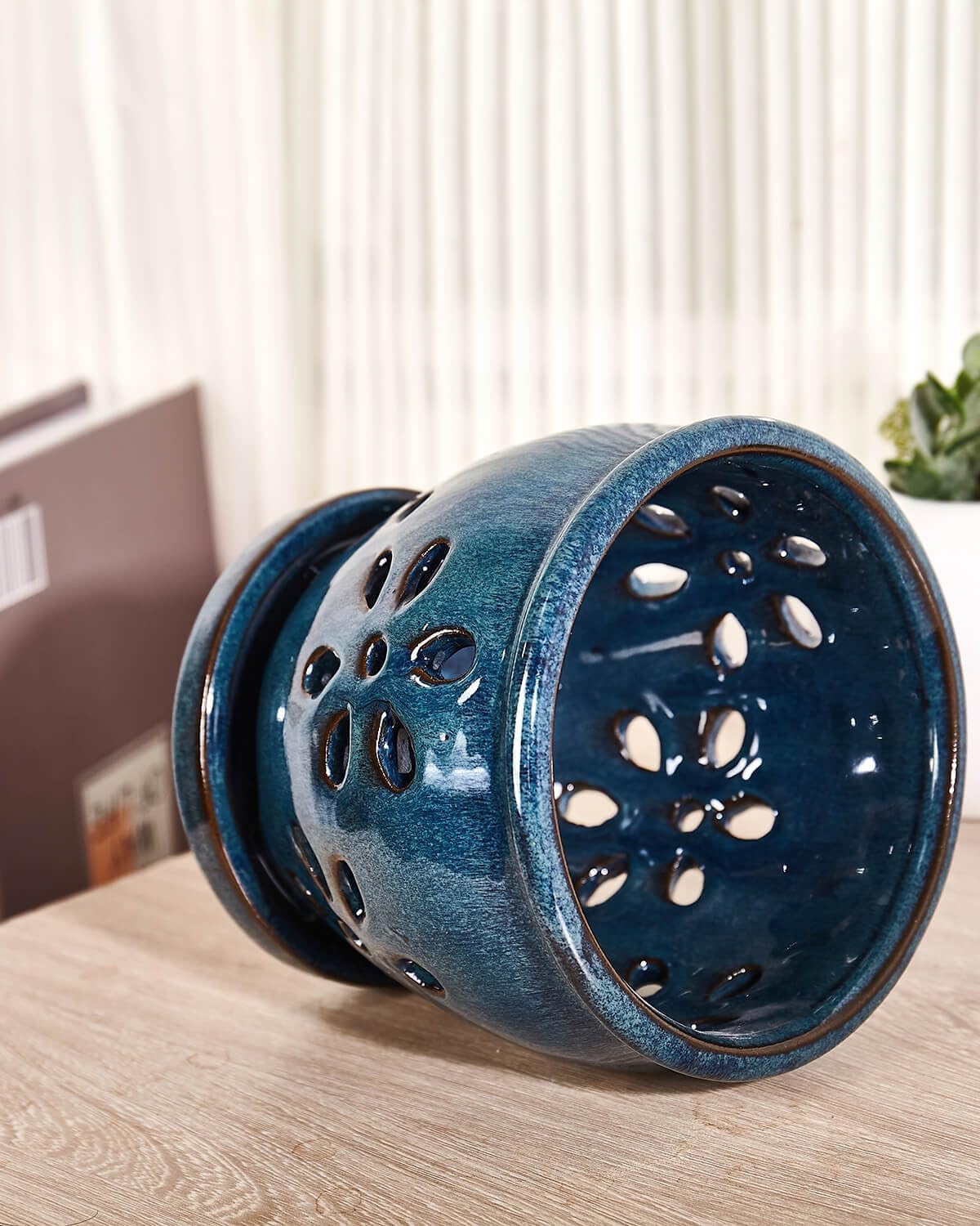 vensovo 5 Inch Ceramic Orchid Pots with Holes and Saucers - 1 Pcs Small Succulent Pot for Repotting, Garden Flowerpots for Plants Indoor and Outdoor Promotes Air Circulation, Blue