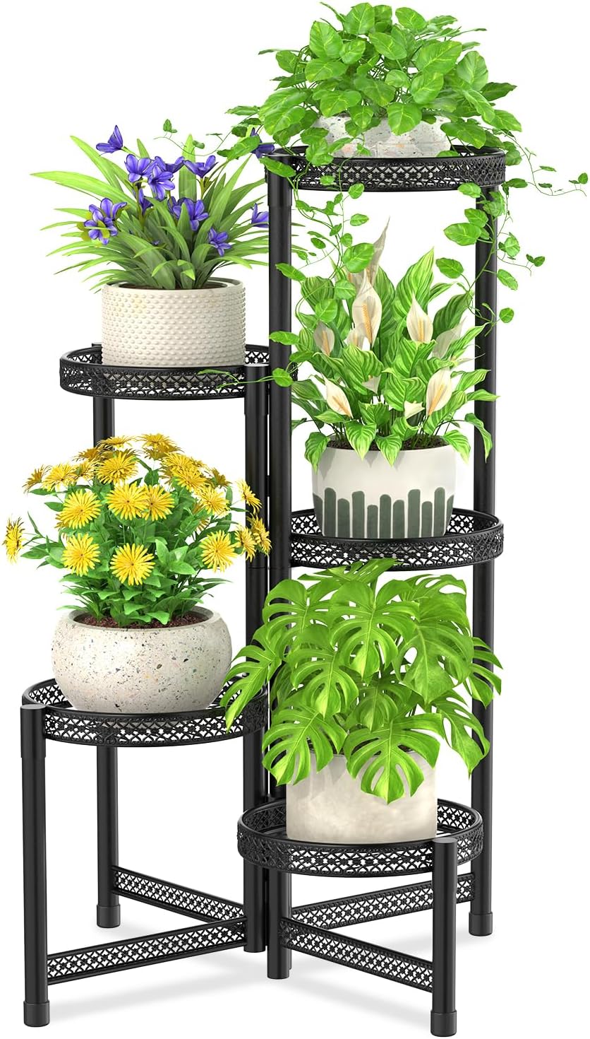 iDavosic.ly Plant Stand Indoor Outdoor, 5 Tier Corner Metal Flower Display Holder Shelf, Folding Tall Orchid Rack for Patio Balcony Porch Garden Living Room House, Wrought Iron - Modern Black