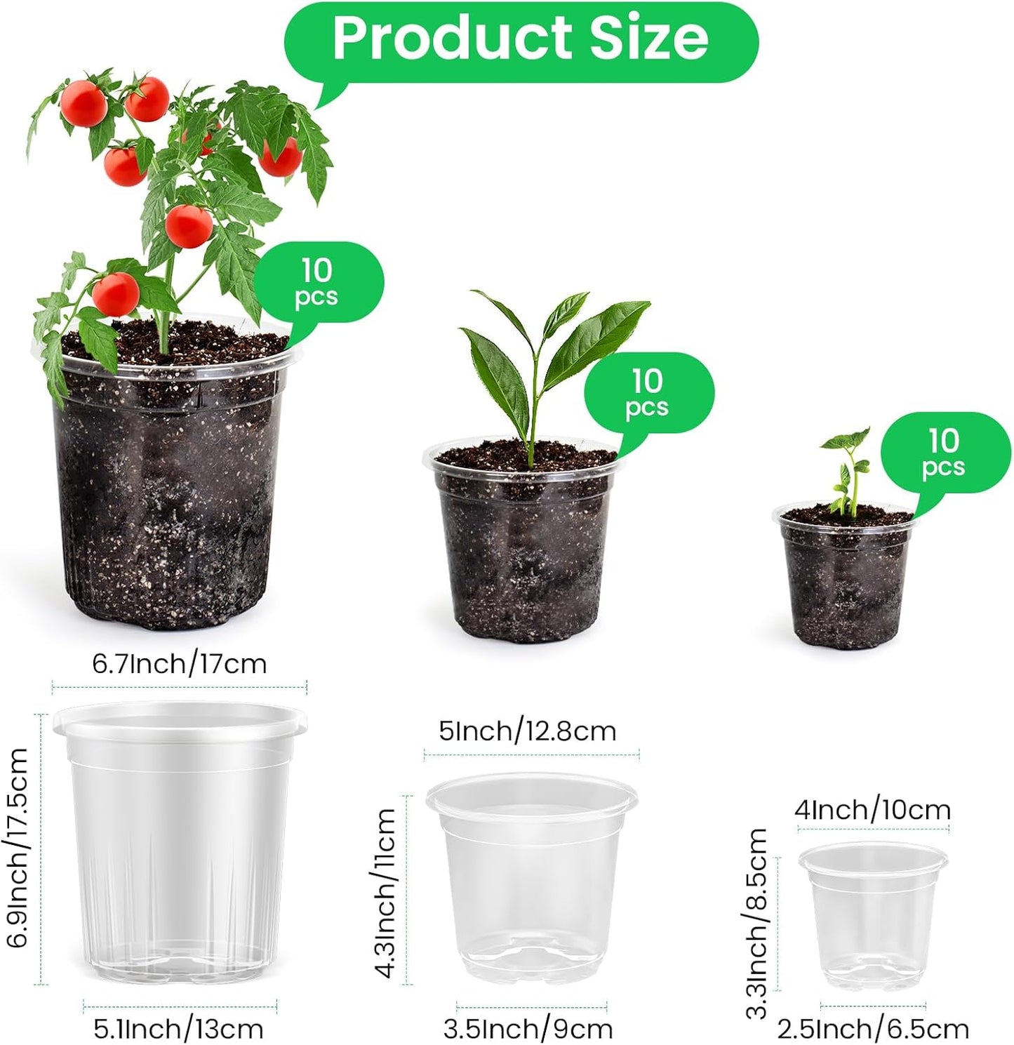 30 Packs 6.7/5/4 Inch Reinforced Clear Nursery Pots with Drainage Hole, Transparent Variety Pack Plastic Plant Pot Seedling Planter Seed Starter Flower