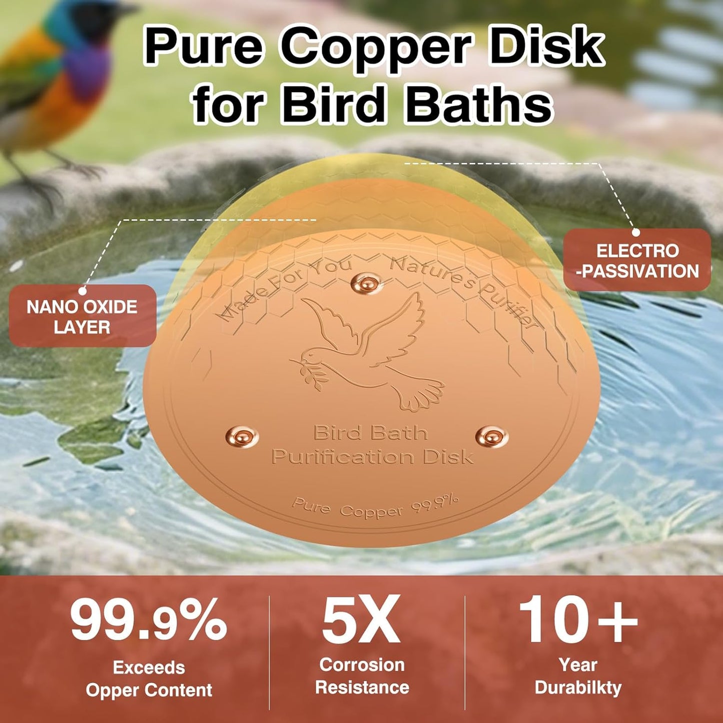 Bird Bath Copper Plate Disk 99.99% Pure Copper Cleaning Disk Stable Triple-Point Support Outdoor Bird Bowl, Pure Copper Bird Bath Purification Tray, Suitable for All Seasons