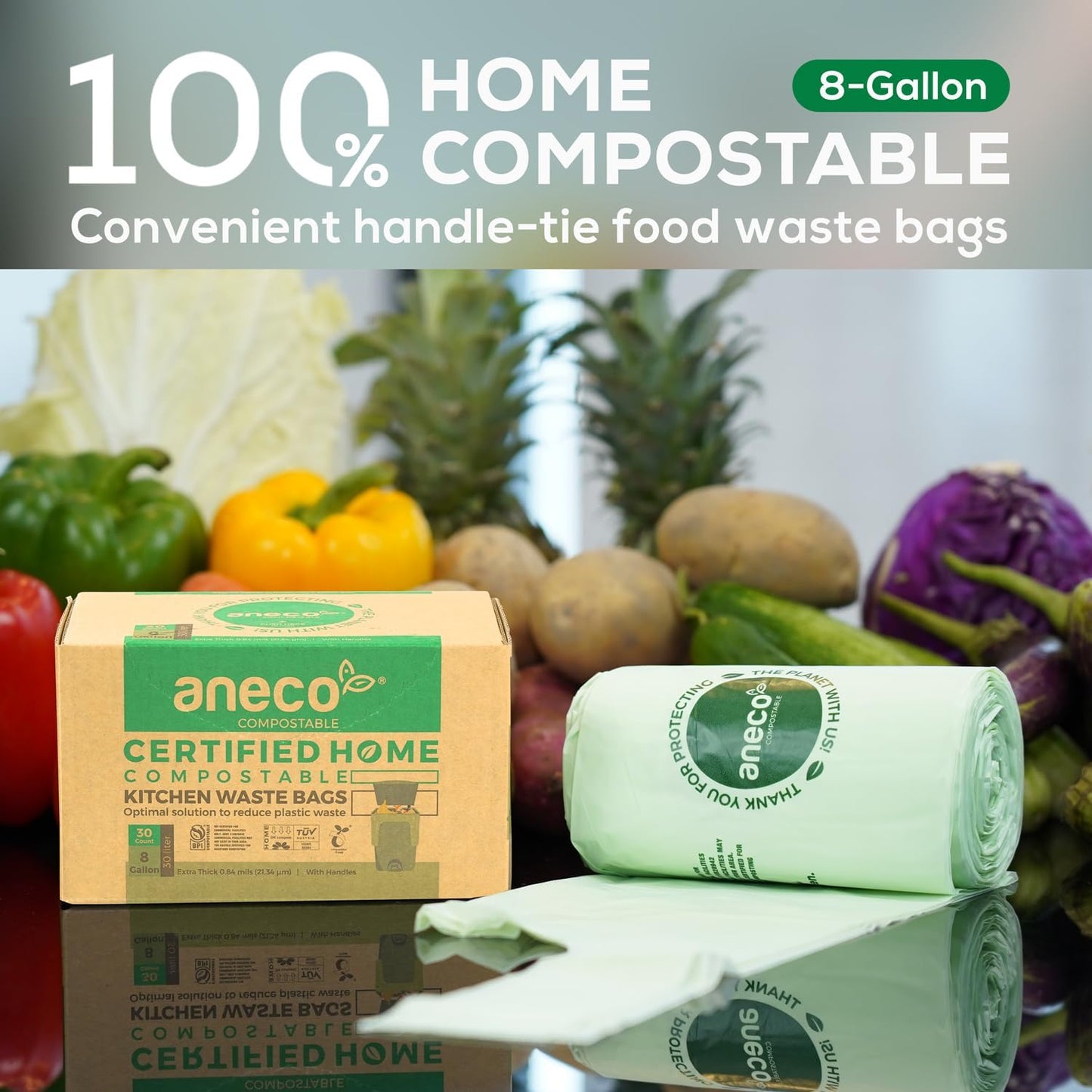 ANECO 8 Gallon Compostable Kitchen Food Waste Bags with Handles (30 Count), Leak-proof Compost Bags for Tall Kitchen Bin, Large 8 Gallon Bags Certified by BPI & OK Compost HOME