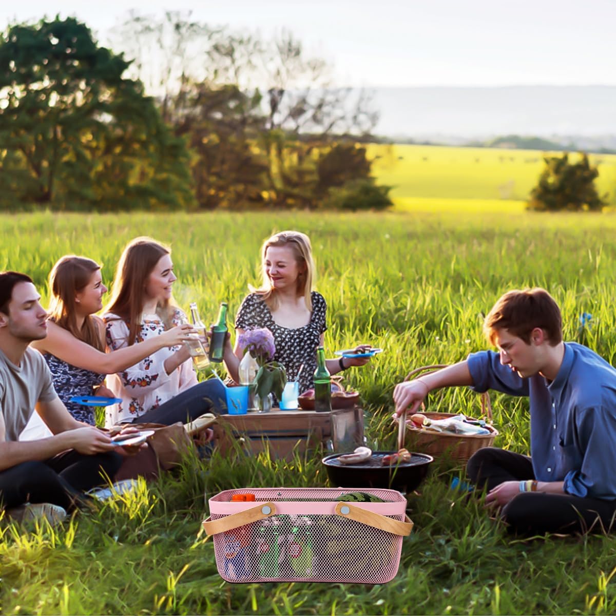 Portable Mesh Harvest Basket - Natural Bamboo Handle Foldable Organizer for Kitchen, Garden & Picnic | Ventilated Storage Bin with Rust-Proof Wire, Space-Saving Farmhouse Decor (Pink)