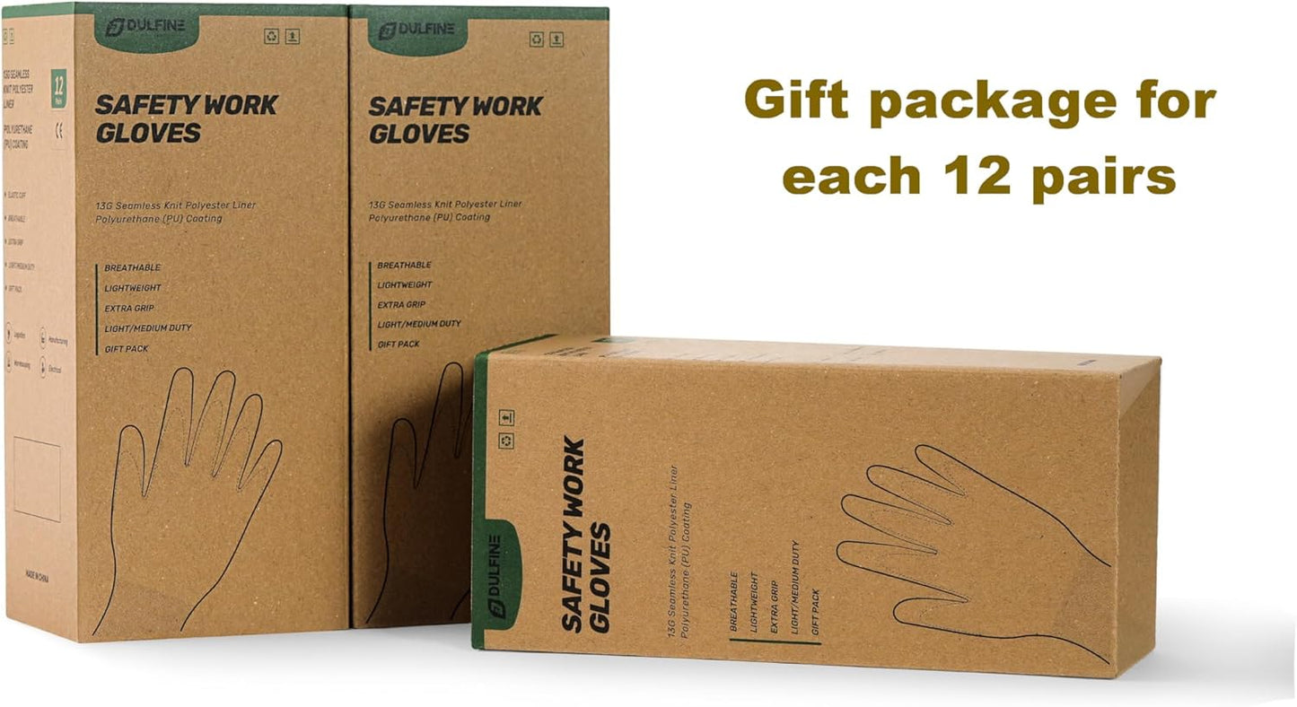 DULFINE Safety Work Gloves PU Coated for Men and Women-12 Pairs,Red Seamless Knit Glove with Two Fingers Touchscreen,Ideal for General Duty Work (Small)