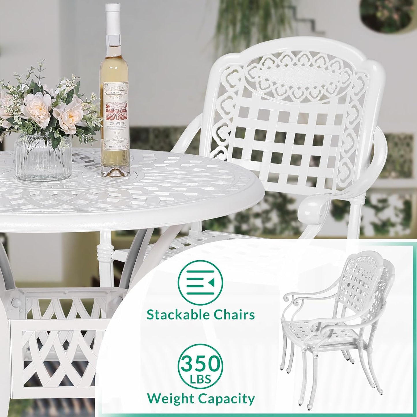 VIVIJASON 3-Piece Outdoor Patio Bistro Set, All-Weather Cast Aluminum Furniture Dining Sets Include 2 Chairs and 31" Round Table w/Umbrella Hole for Balcony, Lawn, Garden, Backyard, White