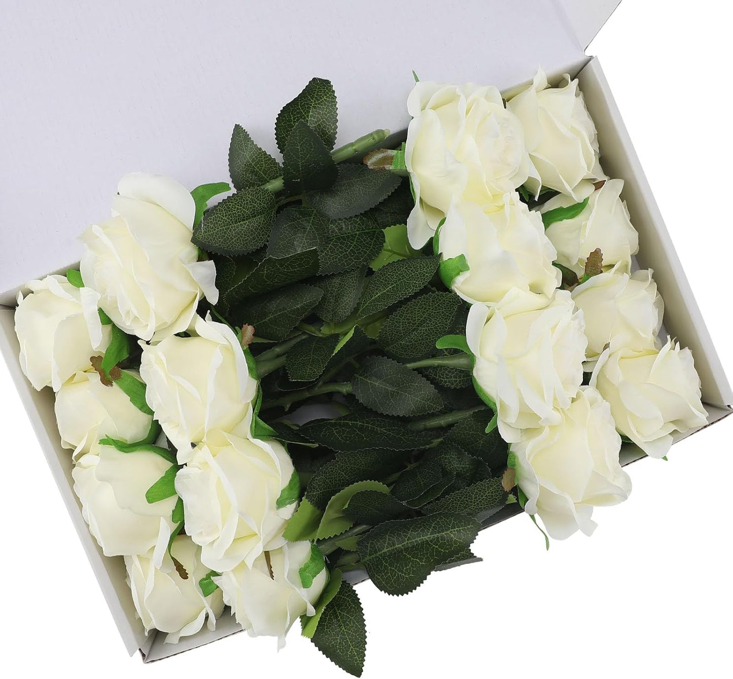 White Fake Roses Artificial Flowers - 16 Pcs Fake Artificial Roses Silk Flowers with Stems for Home Wedding Hotel Office Centerpiece Decor