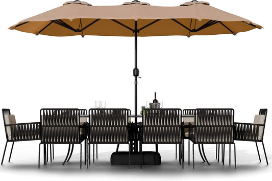 Shintenchi 16FT Large Patio Umbrella with Base, Outdoor Double-Sided Rectangular Umbrella, Market Umbrella with Crank Handle for Poolside Lawn Garden, Khaki