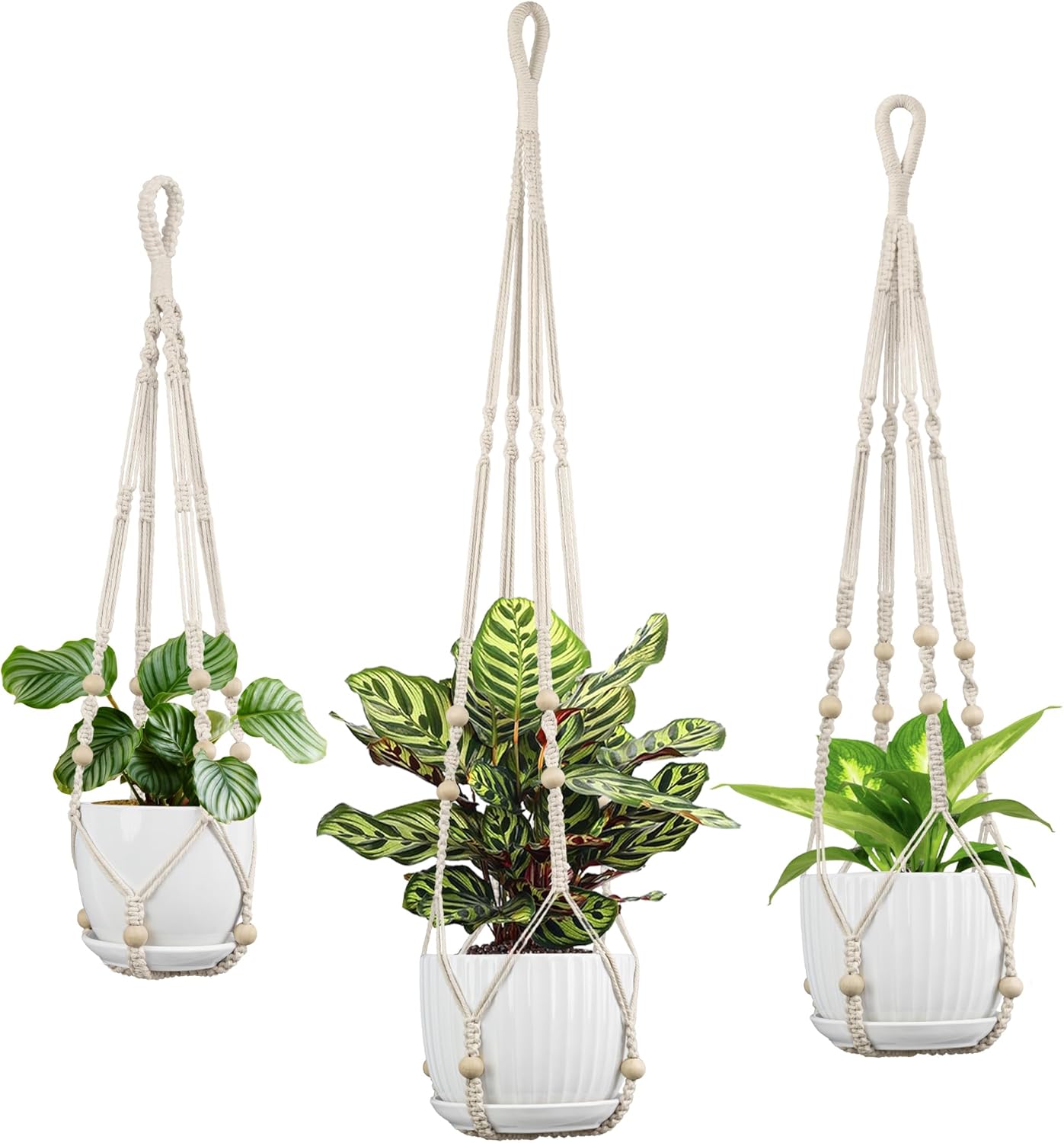 3 Pack Macrame Plant Hanger - 43"/35"/29" Different Sizes, Hanging Planter Basket Flower Pot Holder for Indoor Outdoor, with Wood Beads, Boho Home Decor, Ivory (POTS NOT Included)