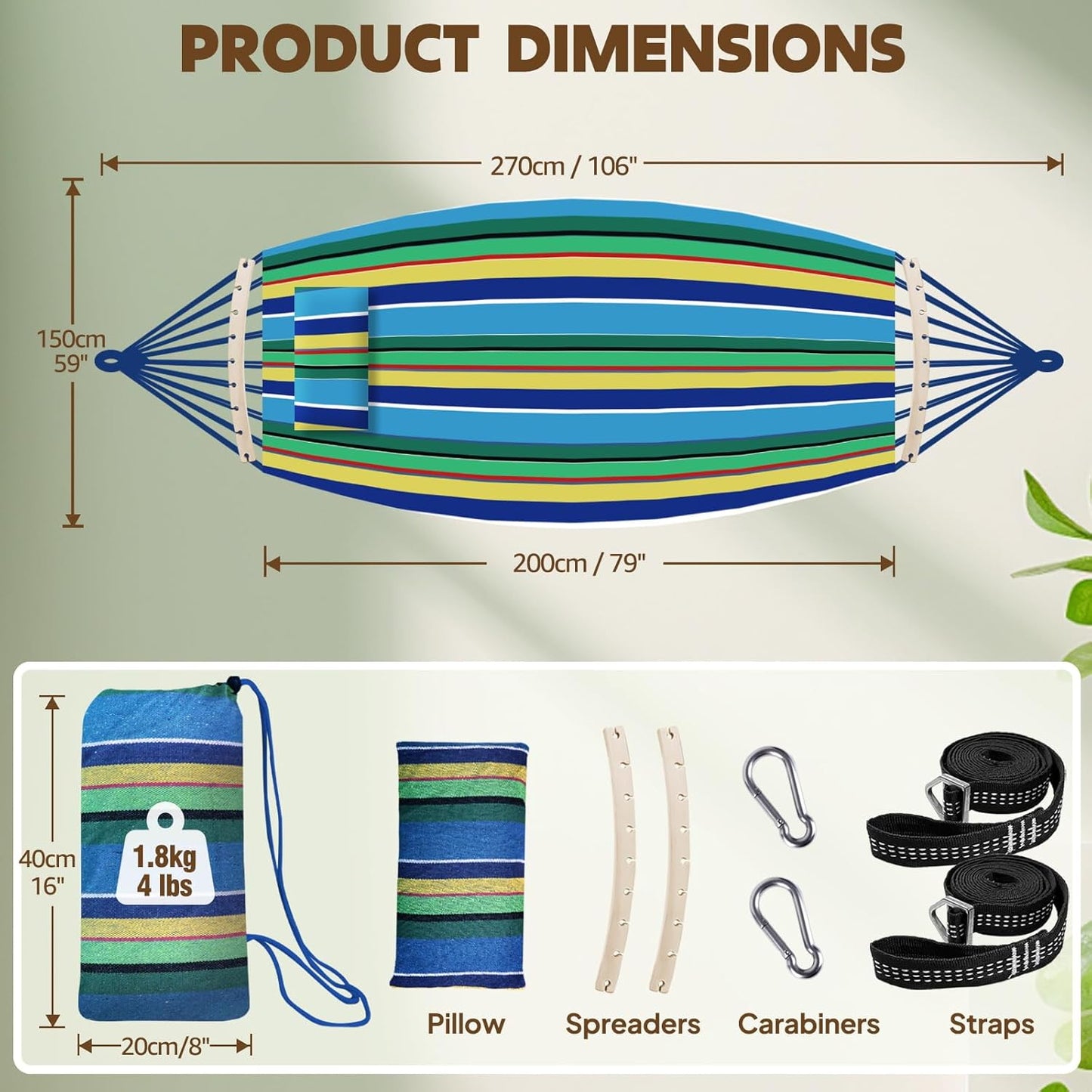 Chihee Cotton Hammock Large Soft Breathable Camping Hammock Holds Up to 660lbs Portable Tree Hammock with Detachable Spreader Bar Pillow 2 Strong Webbings 2 Carabiners Patio Garden Indoor Outdoor