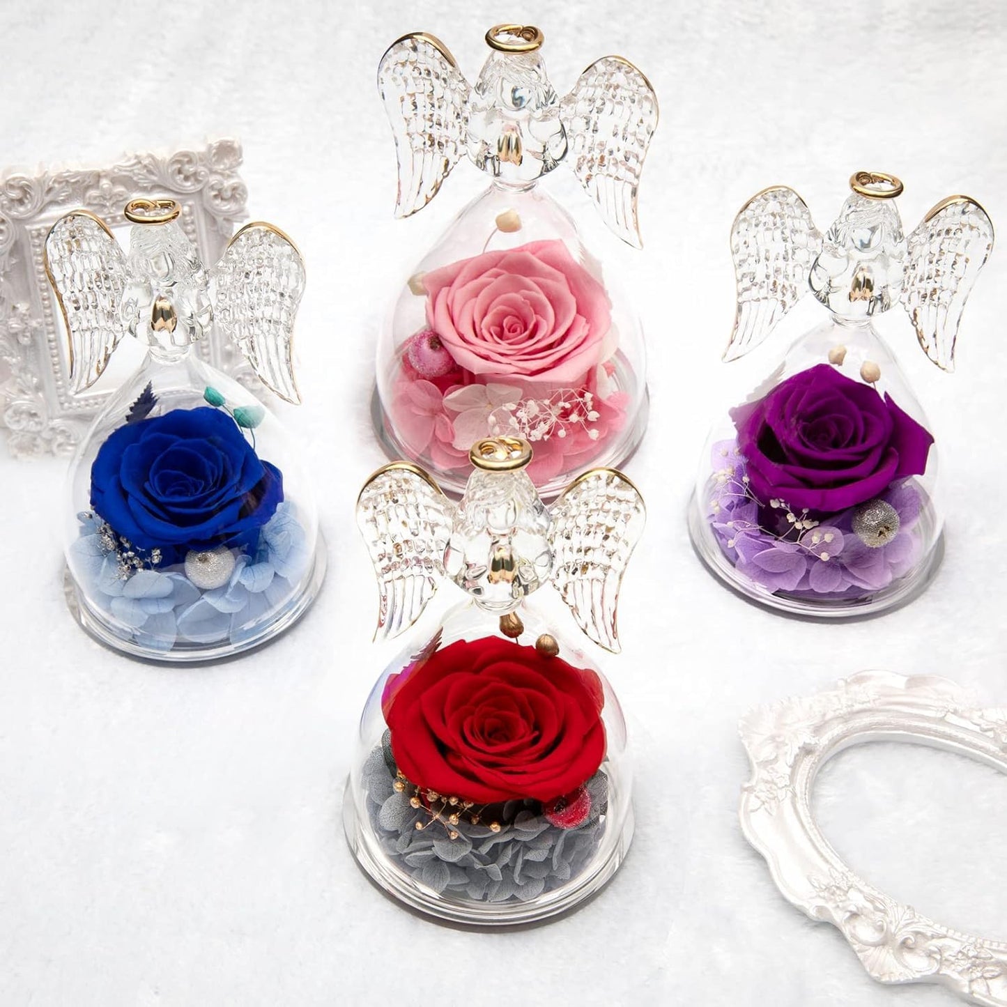 Yamonic Angel Figurines With Real Preserved Rose - Mom Birthday Gift for Grandma, Women - Mother's Day (Purple)