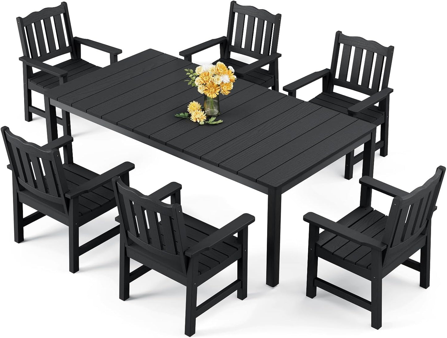 Stoog 7 Pieces Patio Dining Sets, All-Weather HIPS & Aluminum Outdoor Dining Table with Umbrella Hole, Patio Furniture Set Include 1 Table and 6 Chairs, for Backyard, Garden and Deck, Black