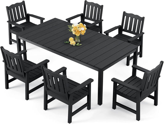 Stoog 7 Pieces Patio Dining Sets, All-Weather HIPS & Aluminum Outdoor Dining Table with Umbrella Hole, Patio Furniture Set Include 1 Table and 6 Chairs, for Backyard, Garden and Deck, Black