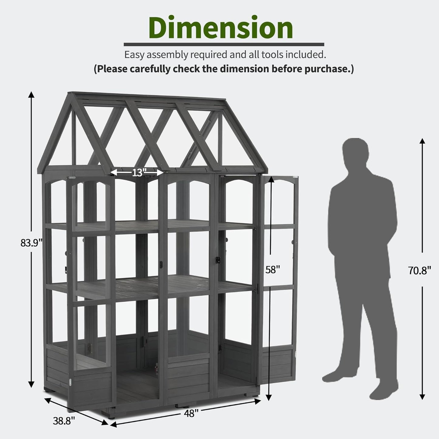 MCombo Wooden Greenhouse, Outdoor Greenhouse with Adjustable Roof Vent and 6 Lockable Door for Backyard/Outdoor Use, (48 x 38.8 x 83.9 Inches) 0851 (Dark Grey)