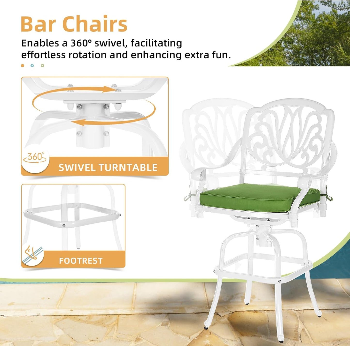 5 Pieces Patio Swivel Bar Set, Patio Bar Table and Chairs Set, All-Weather Cast Aluminum Outdoor Swivel Bar Stools of 4 and 38.5" Round Bar Table, High Top Bistro Set for Deck, Pool, White
