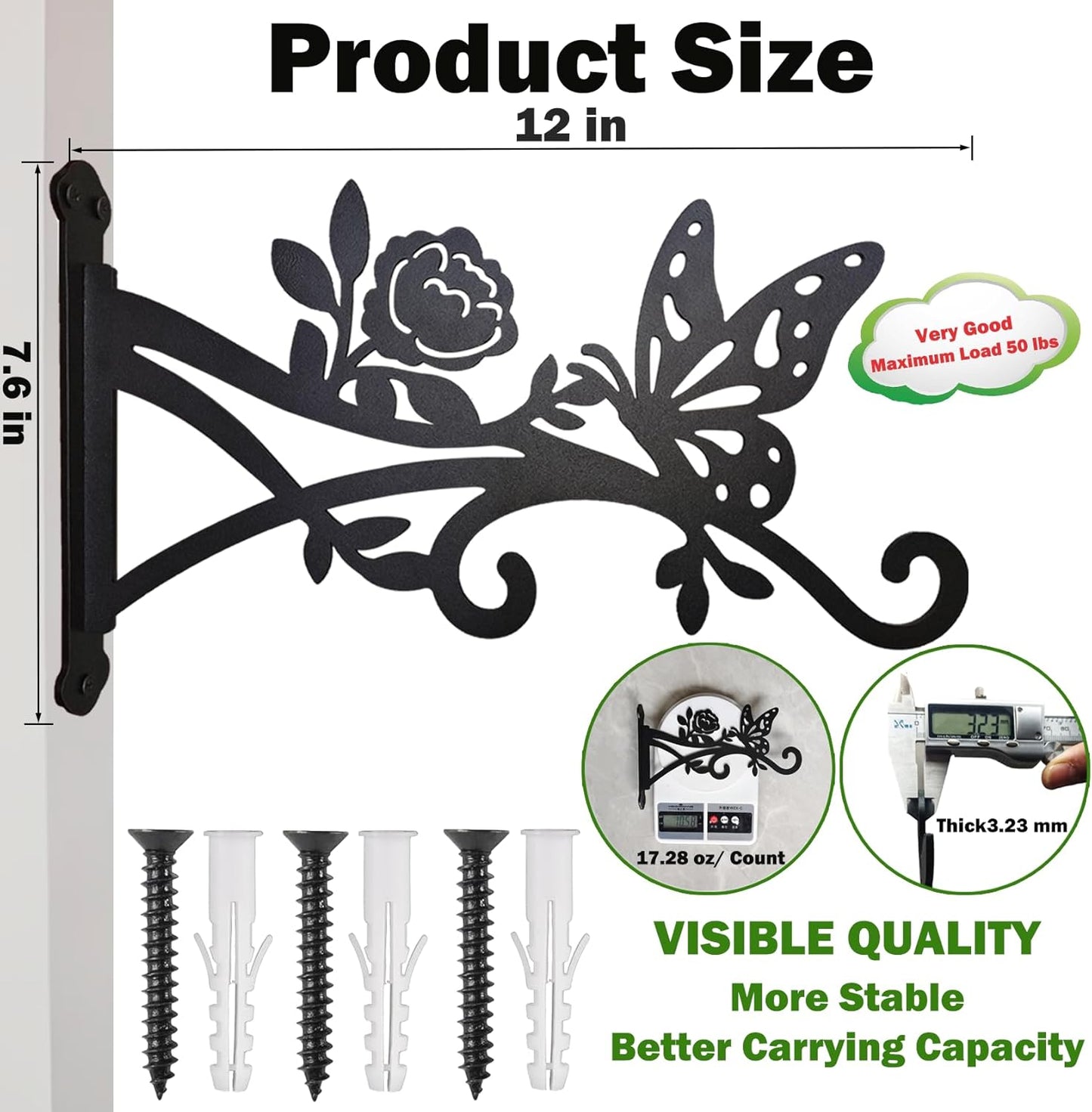 2 Pack Plant Hanger Hooks-12in Hanging Basket Hook-Heavy Duty Metal Wall Hanger with Butterfly Pattern-Plant Bracket for Outdoor & Indoor Hanging Plants,Bird Feeder,Lantern