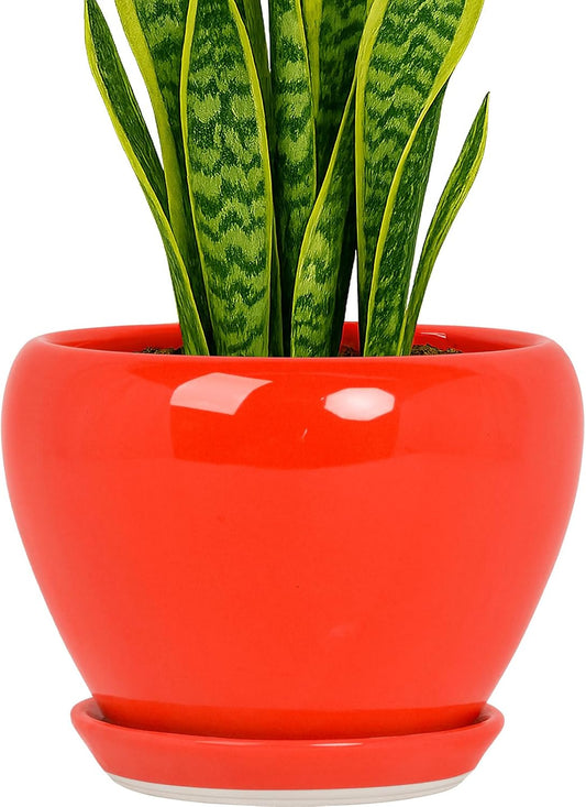 Deep Dream 8 Inch Plant Pots- Ceramic Pots for Plants with Drainage Hole and Saucer, Large Planter Pot for Indoor Plants Outdoor Decor, Red