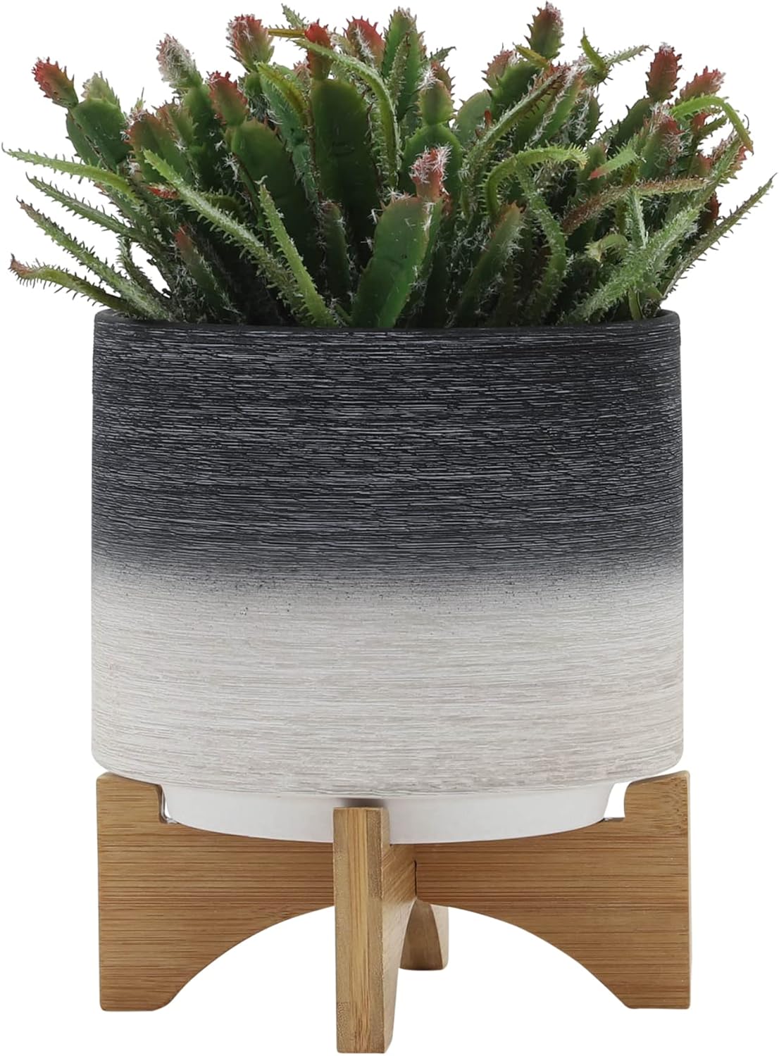 Modern Ceramic Planter with Wooden Stand – Stoneware Plant Pot Holder – Stylish Indoor & Outdoor Home Decor for Living Room, Bedroom, Office, or Garden – 9", Gray & White