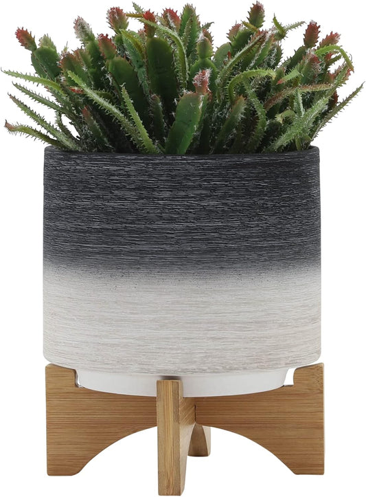 Modern Ceramic Planter with Wooden Stand – Stoneware Plant Pot Holder – Stylish Indoor & Outdoor Home Decor for Living Room, Bedroom, Office, or Garden – 9", Gray & White