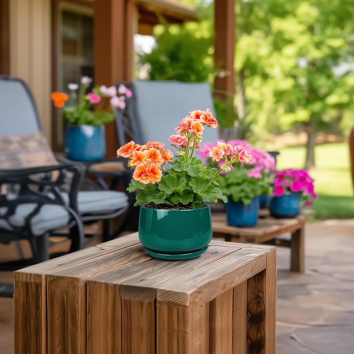 G EPGardening 4 inch Plant Pots - Small Ceramic Planter with Drainage Hole & Tray, Succulent Pots Indoor Outdoor, Round Modern Planter, Decorative Flower Pot, Desk Decor, Gifts for Plant Lover, Green