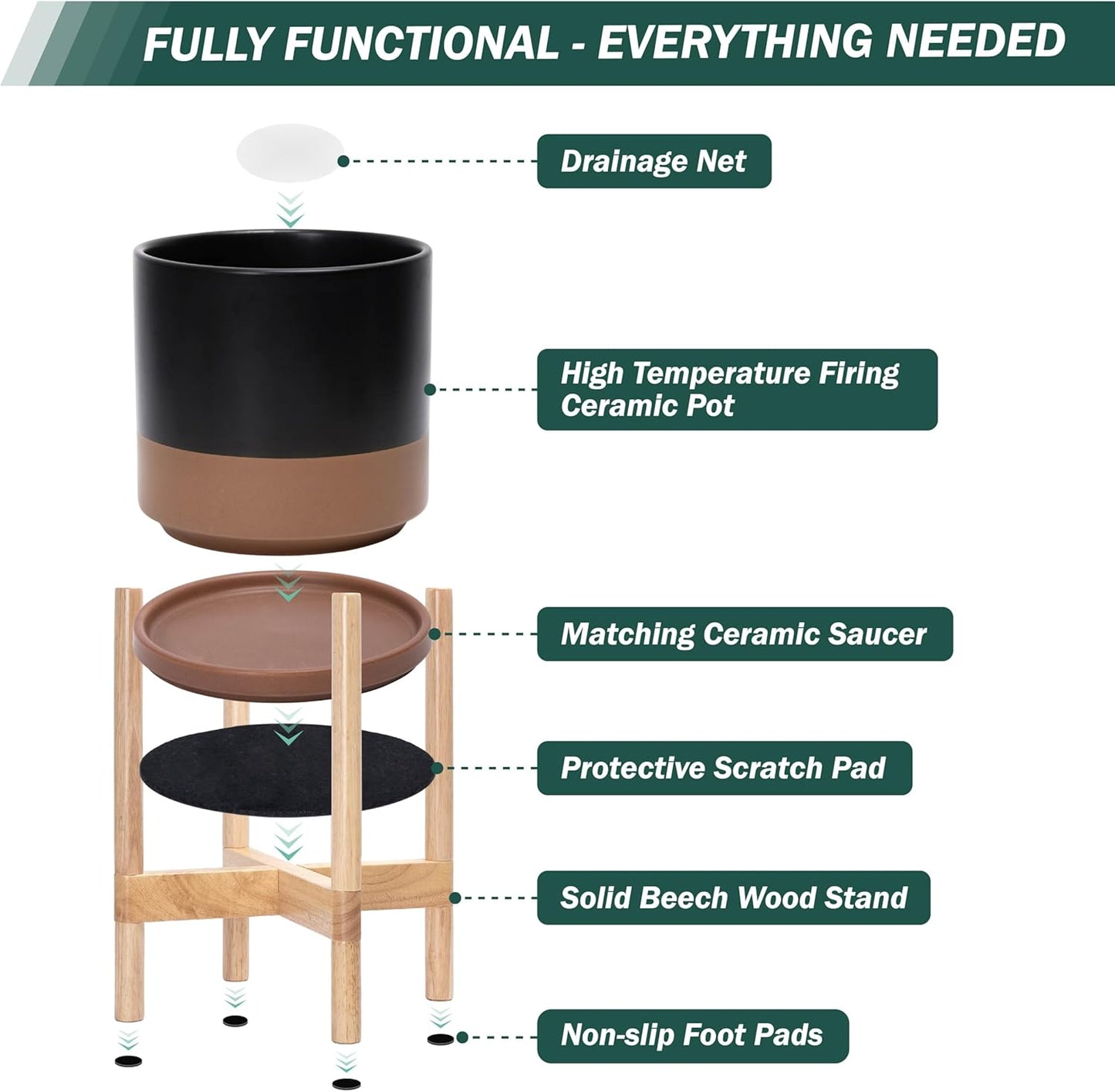 D'vine Dev Ceramic Planter with Natural Stand - 8 Inch Modern Round Flower Pot with Wood Planter Holder, Black/Speckled Tan, 55-B-N-7