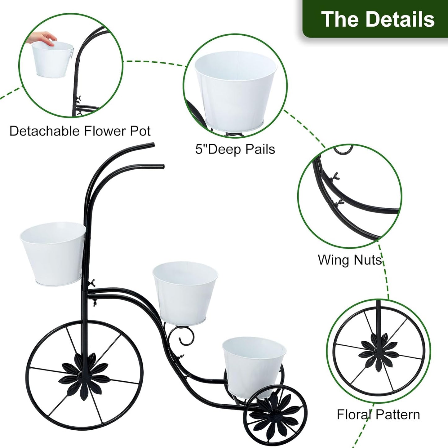 BAYN Bicycle Planter Stand, Metal Flower Pot Cart Holder Tricycle Planter with 3 Plant Bucket Outdoor Decorative for Patio, Deck, Garden or Lawn