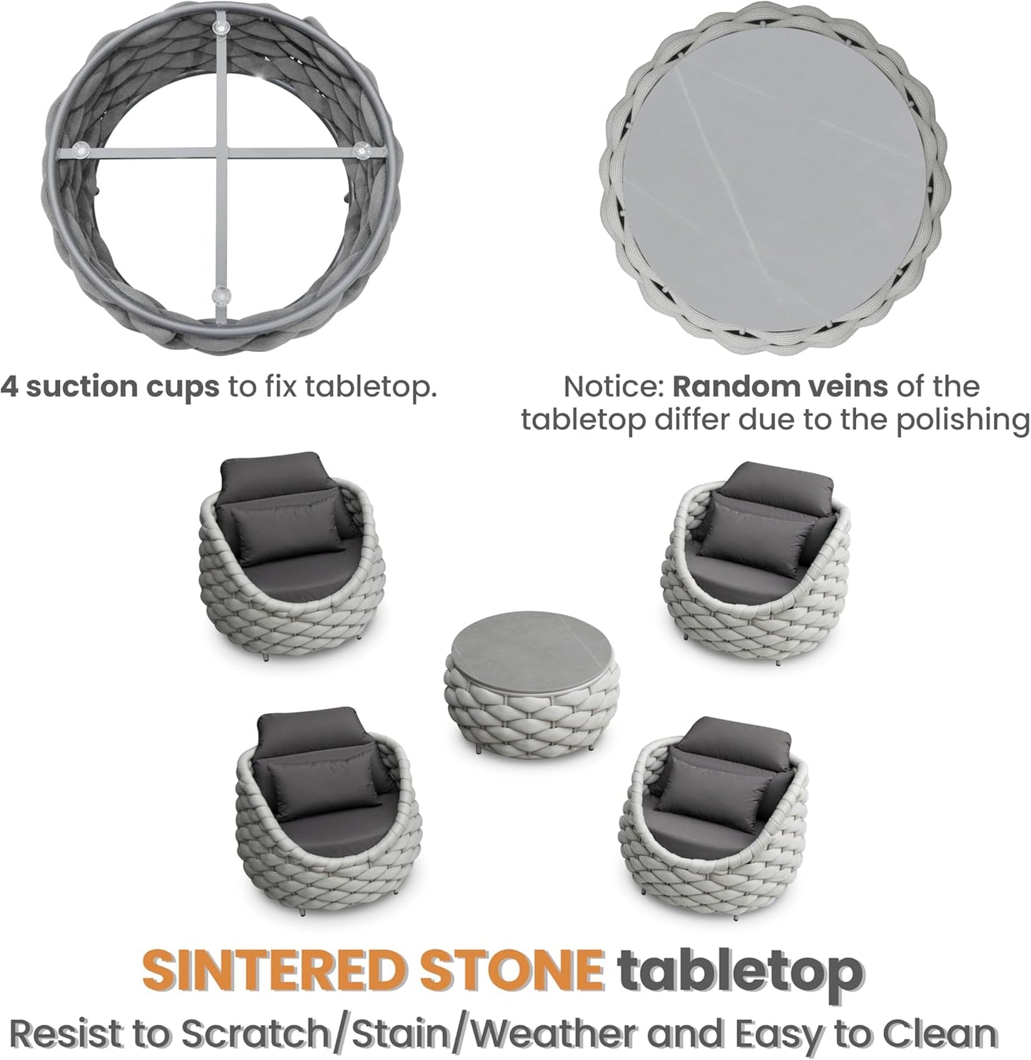 Front Porch Furniture 5 Piece Set: Aluminum Woven Rope Patio Conversation Sofa Set - Assembled Accent Chair Modern - Cushioned Armchair Couch Set for 400 lbs Deck Backyard Poolside Garden Hotel