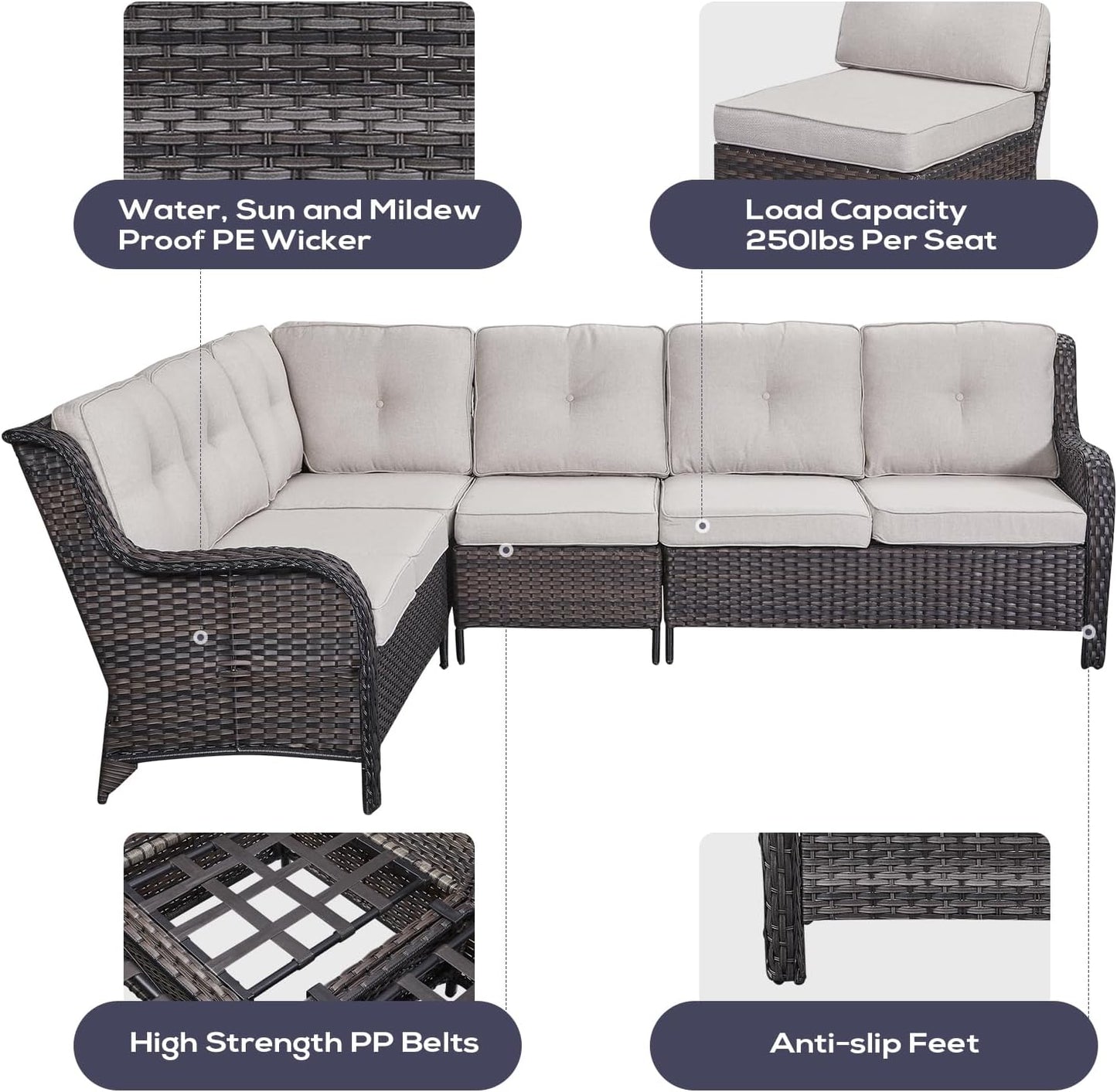 Outdoor Furniture Sectional Sofa L Shaped Couch - Patio Wicker Set with 2 Swivel Glider Chairs, 5 Piece Rattan Patio Conversation Sets with Beige Cushion for Deck Backyard Sunroom