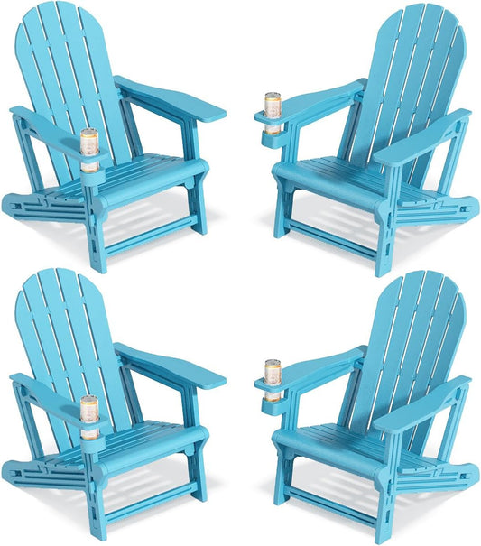 Adirondack Chairs Set of 4, Tool-Free Assembly All-Weather Plastic Adirondack Chairs, HDPE Fire Pit Chairs with Cup Holder, Outdoor Chair for Patio Garden（Lake Blue）
