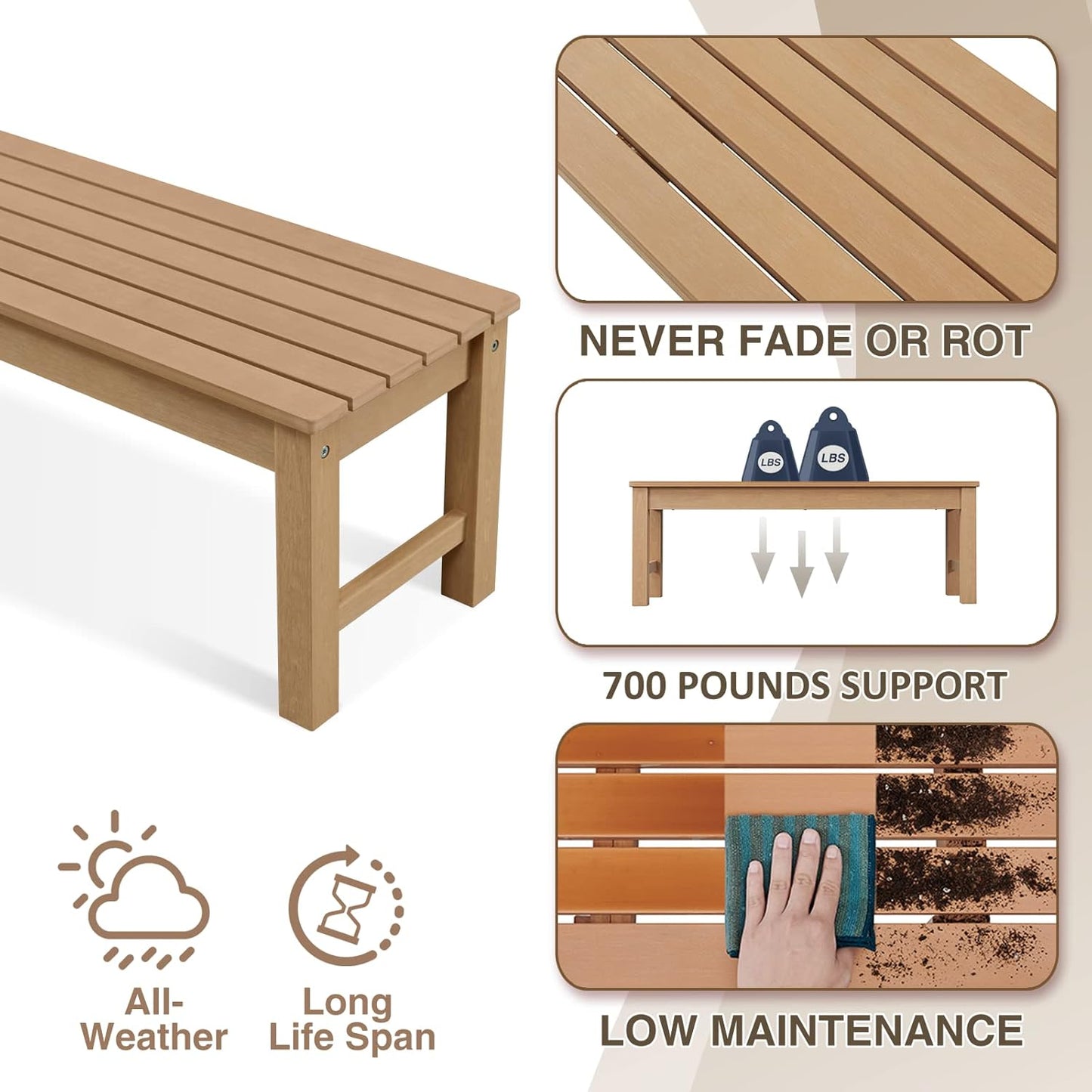 Psilvam Outdoor Bench, Two Person Poly Lumber Porch Bench, Weatherproof Garden Bench That Never Rot and Fade, All-Weather Patio Bench Suit for Garden, Porch, and Park (Teak Color)
