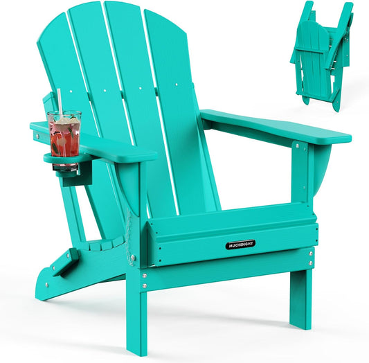 MUCHENGHY Folding Adirondack Chairs, Patio Chairs, Lawn Chairs, Outdoor Chair, Adirondack Chair Plastic, Fire Pit Chairs, Weather Resistant with Cup Holder for Deck, Backyard, Garden(Lake Blue)