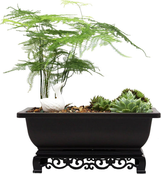 Bonsai Pot - 2-Pack 9 Inch Training Pot With Elegant Stand - Antique Brown Pots With Mesh Drainage - Luxurious Indoor Tree Pots Made With Recycled Plastic