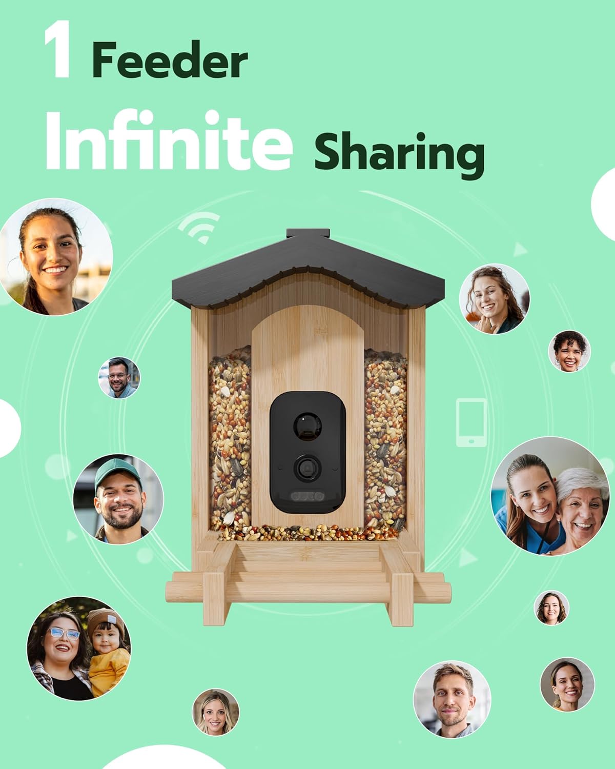 Bird Feeder with Camera, Smart Bird Feeder for Outdoors, Wild Birds Feeders with Solar Panel Bamboo Birds House Camera for Birdlovers, AI Auto Capture Birds & Real-time Notification (Gable)