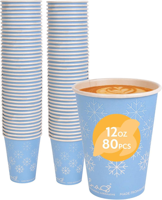 100% Compostable Disposable Coffee Cups [12oz (355ml) 80 Pack, Winter Blue] Paper Cups Made from Bamboo, Eco-Friendly, Biodegradable Premium Party Cups by Earth's Natural Alternative