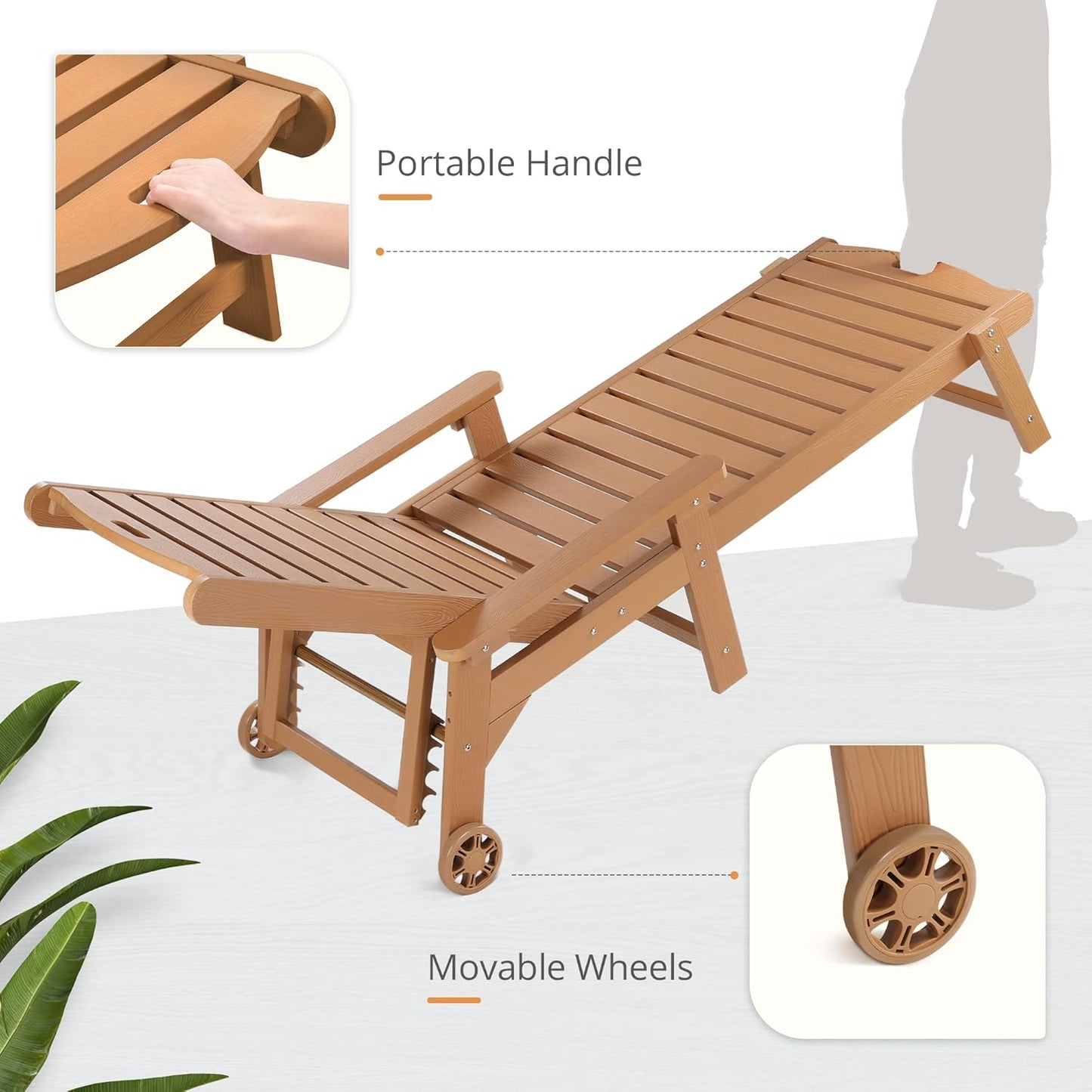 LUE BONA Chaise Lounge Chair with Table, 2-Piece, 79'' Oversized HDPS Chaise Lounger, 5 Positions Adjustable Lounge Chairs, Pool Lounge Chair with Wheels for Poolside, 3 Year Warranty, Teak Color