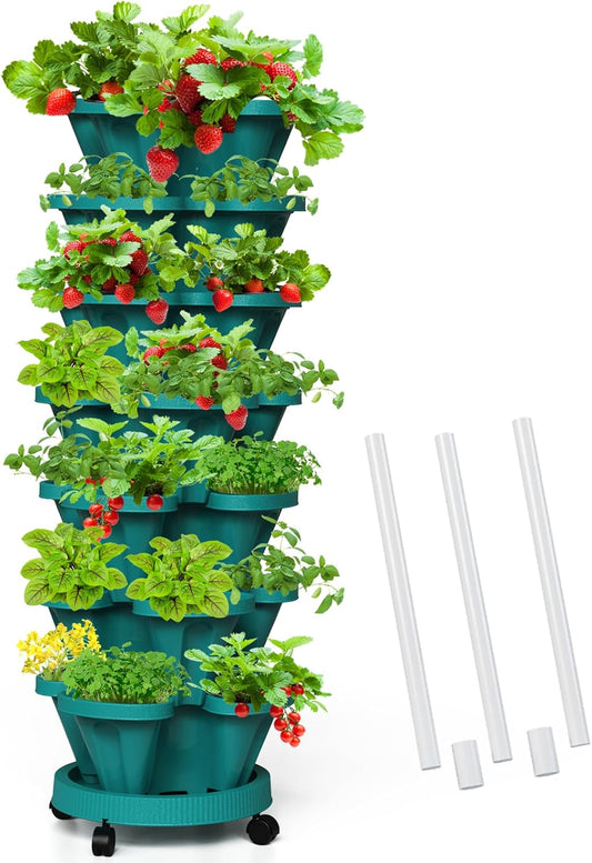 Strawberry Vertical Planters Tower Garden, 7 Tiered Stacking Herb Vegetable Planter with Support Pole Indoor and Outdoor - Hunter Green