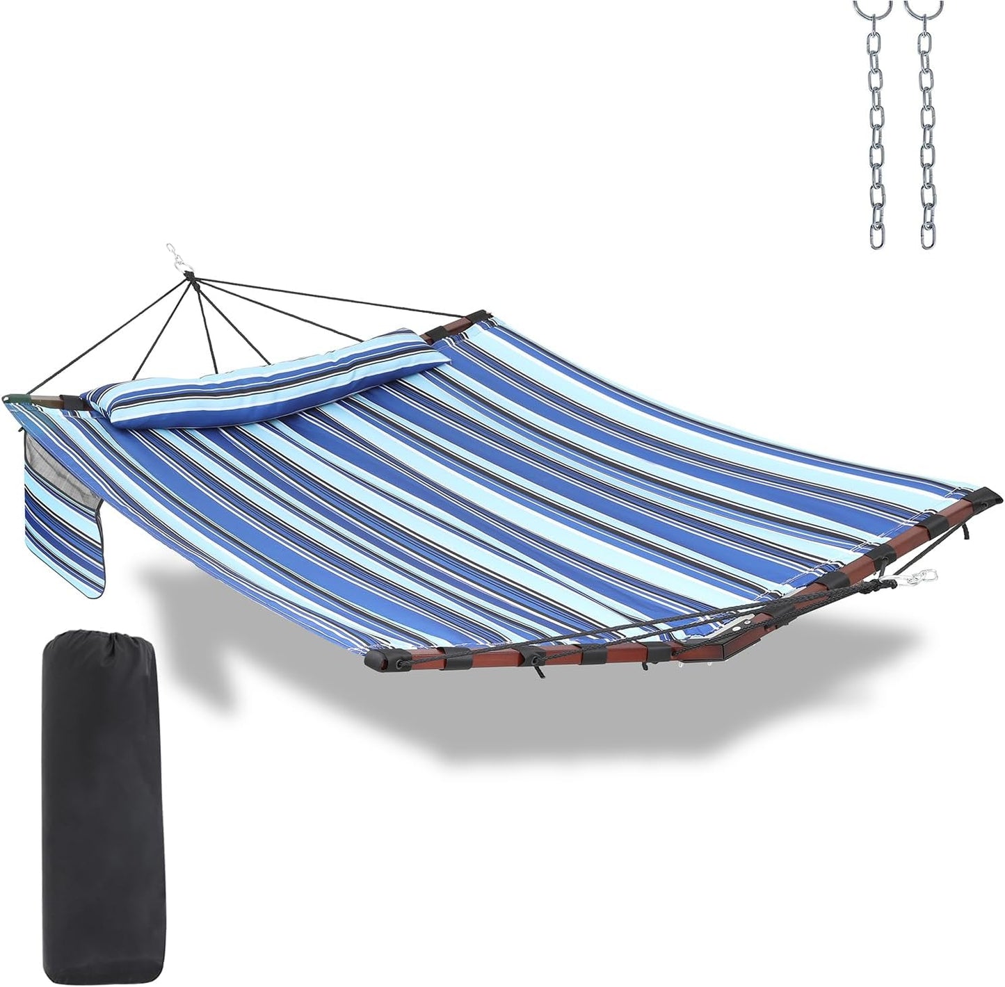 TegerDeger 12FT 2 Person Hammock Large Hammock 450LB Capacity with V Shaped Hardwood Spreader Bar & Nylon Rope for Outside, Patio, Garden, Backyard, Beach, Poolside - Blue Stripes
