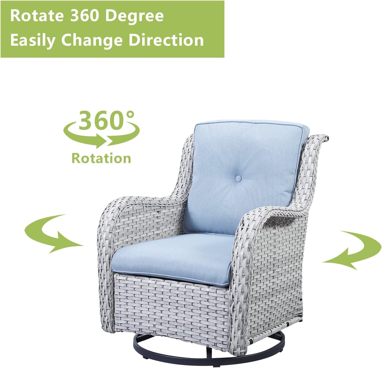 Outdoor Patio Swivel Rocker Chairs - 3 Piece Patio Bistro Set,Wicker Patio Furniture Set with 2 Swivel Rocking Chairs and 1 Glass Top Side Table for Deck Porch Garden,Light Grey/SkyBlue