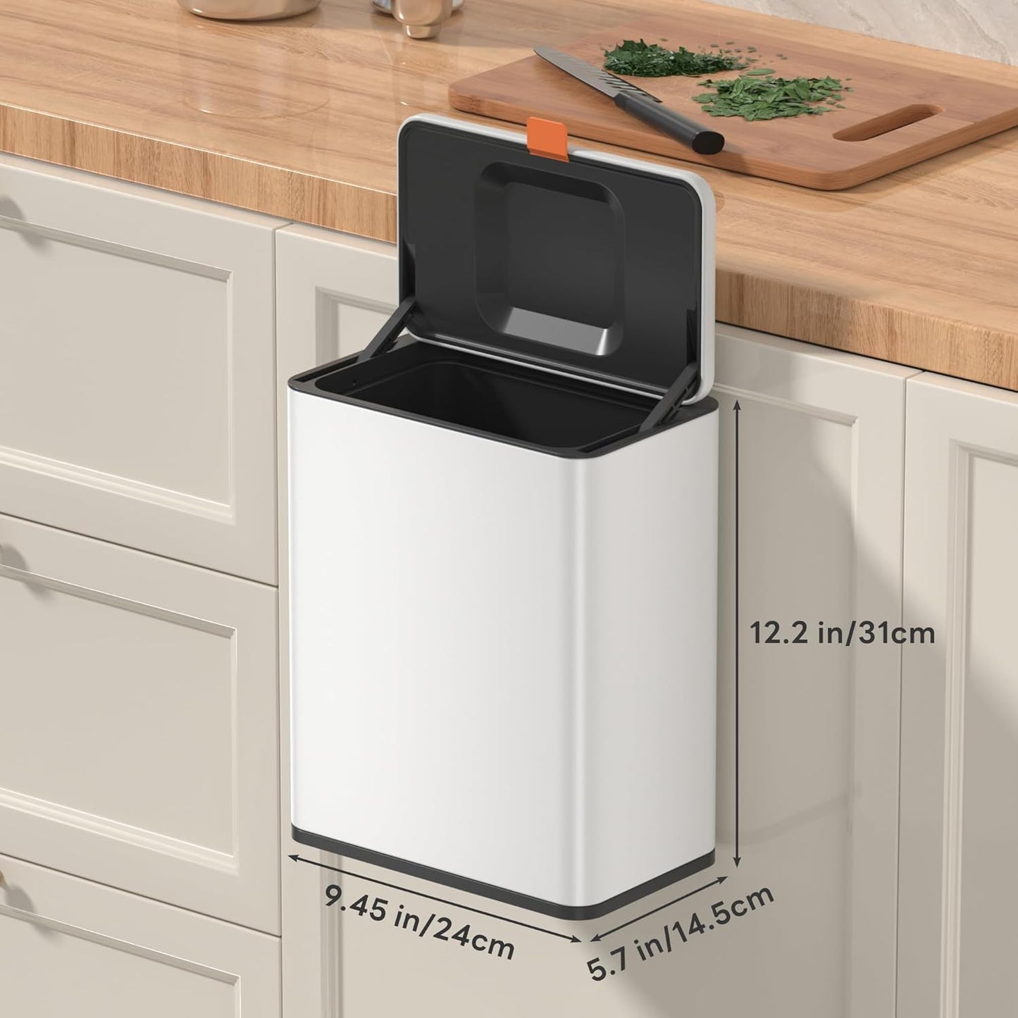 Mbillion Kitchen Compost Bin Hanging Trash Can with Lid 2.1 Gallon Stainless Steel Garbage Can for Kitchen Cabinet Door Mounted Trash Can Under Sink Door RV Bathroom,White