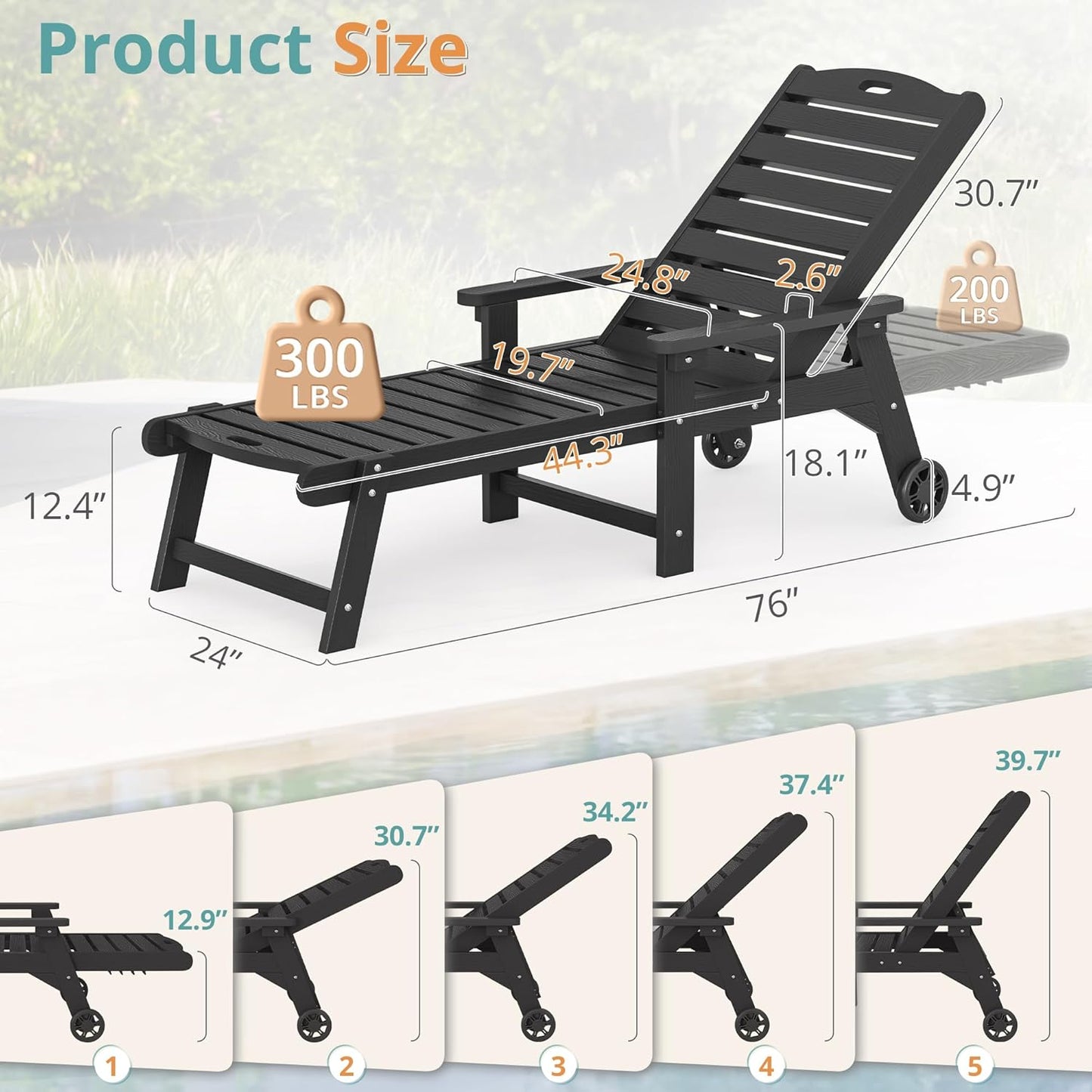 LUE BONA Chaise Lounge Chairs Set with Table, 3-Piece, HDPS Chaise Lounger, 5 Positions Adjustable Lounge Chairs, Pool Lounge Chair with Wheels for Poolside, 3 Year Warranty, Black