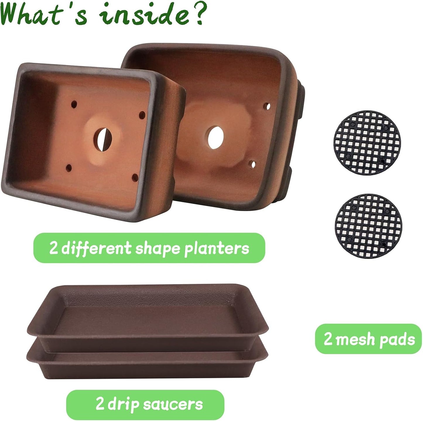 MUZHI 2 Pack Handmade Color Gradational Terracotta Bonsai Pot 5 Inch and 6 Inch with Drip Tray, Breathable Unglazed Rectangle Ceramic Planter for Tree Succulent Cactus