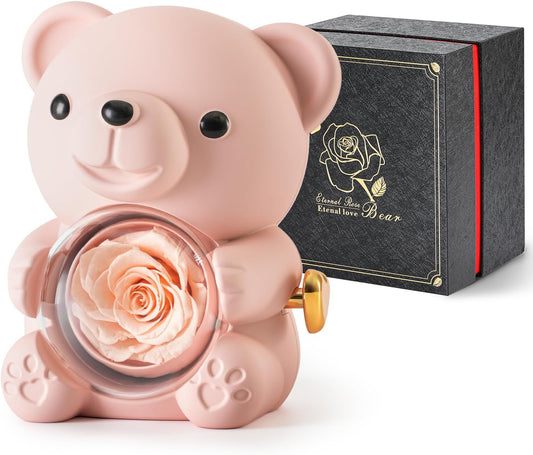Cute Teddy Bear with Preserved Rose - A Real Rose Flower in Bear with Elegant Gift Box - Romantic Gift for Her in Mother's Day, Weddings, Anniversaries, and Bridal Showers (Champagne)